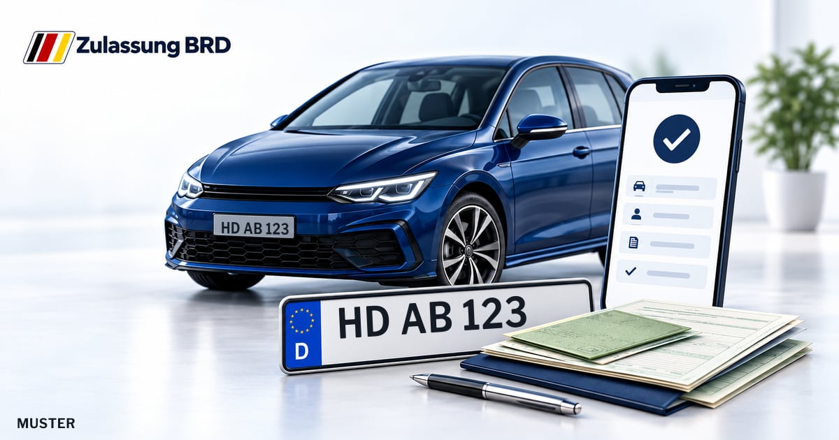 Online Fahrzeugzulassung in Hemsbach: Musterkennzeichen HD AB 123, Auto und Fahrzeugpapiere und Smartphone. Illustration mit Logo von Zulassung BRD.